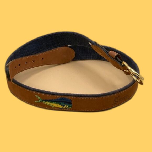 World Wide Sportsman size 36 Fish Belt Brass Buckle, leather and blue canvas - Picture 1 of 6